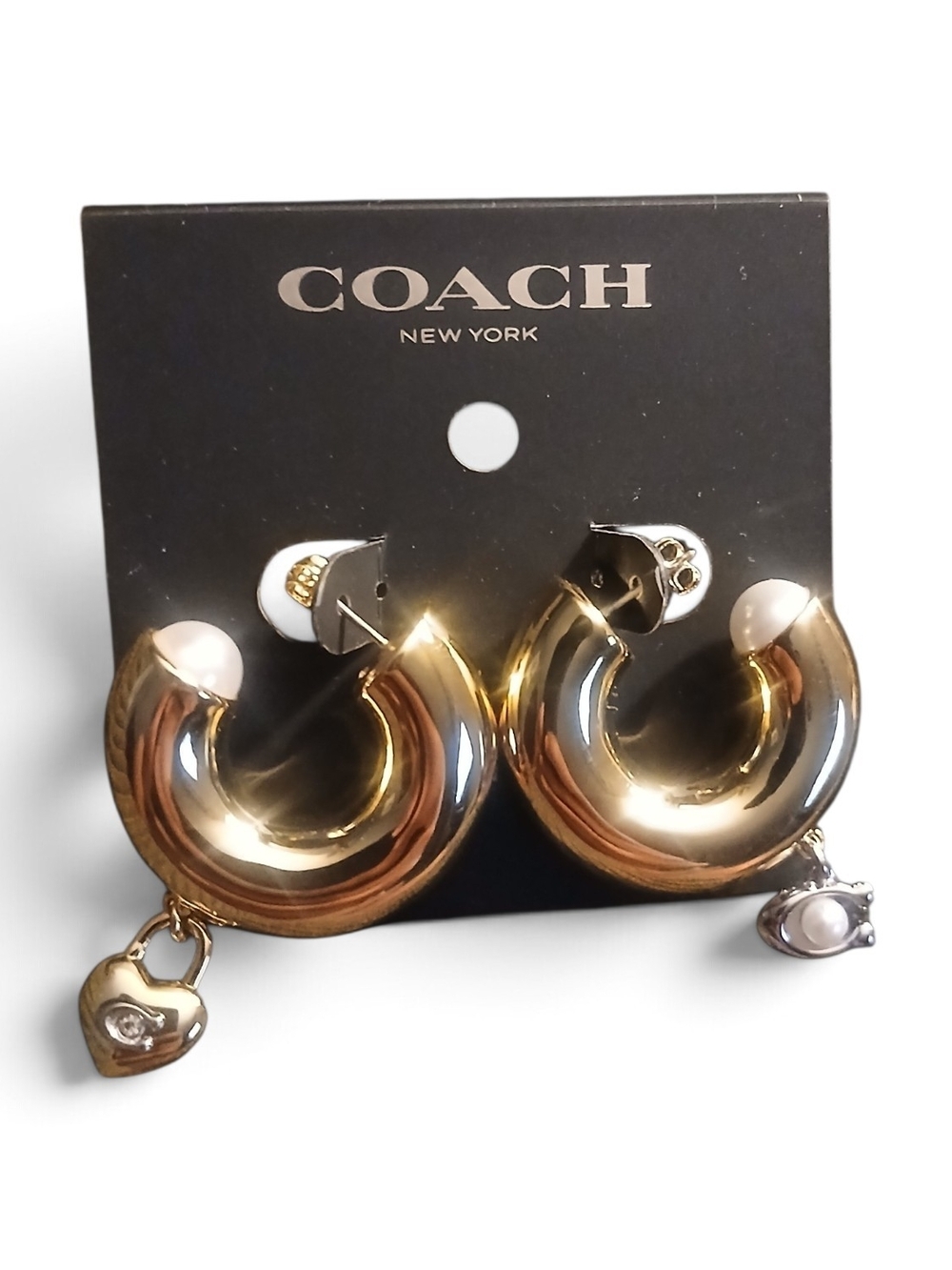 Coach Gold Hoop Earrings with Heart and Pearl Drop Charms